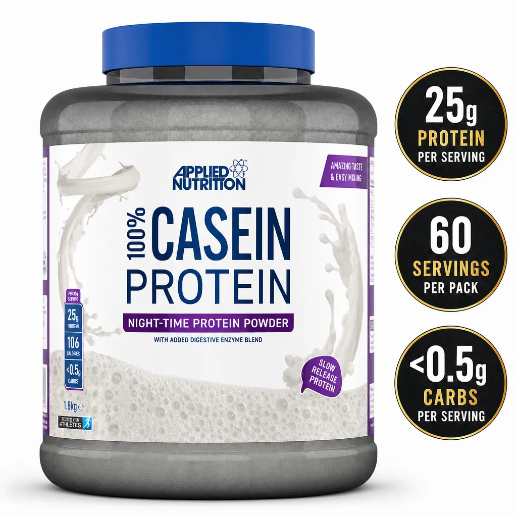 Applied Nutrition 100% Casein Protein 1800g slow-release night-time protein powder in a large grey tub with blue and purple label