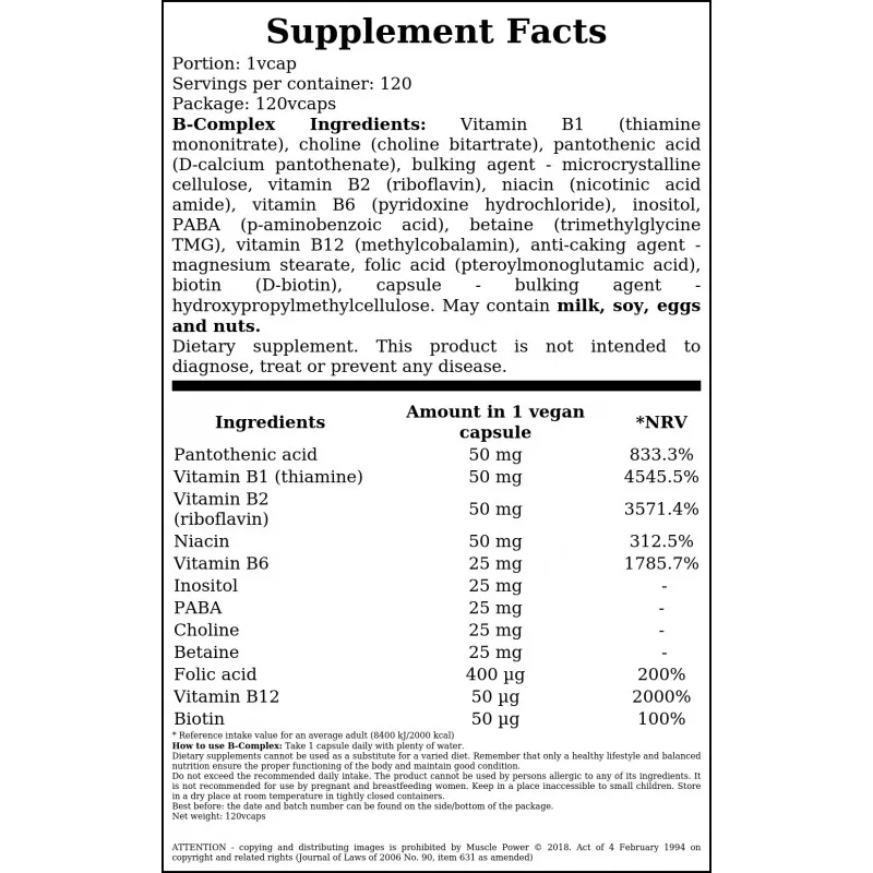 Back view of Hiro Lab Vitamin B Complex bottle highlighting supplement facts and ingredient list
