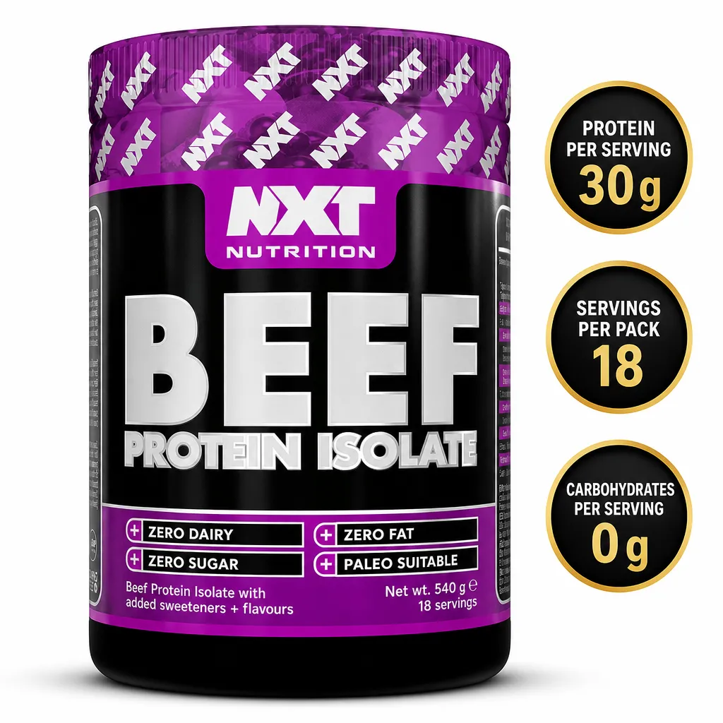 NXT Nutrition Beef Protein Isolate 540g protein supplement in a black and purple tub, with zero dairy, fat and sugar