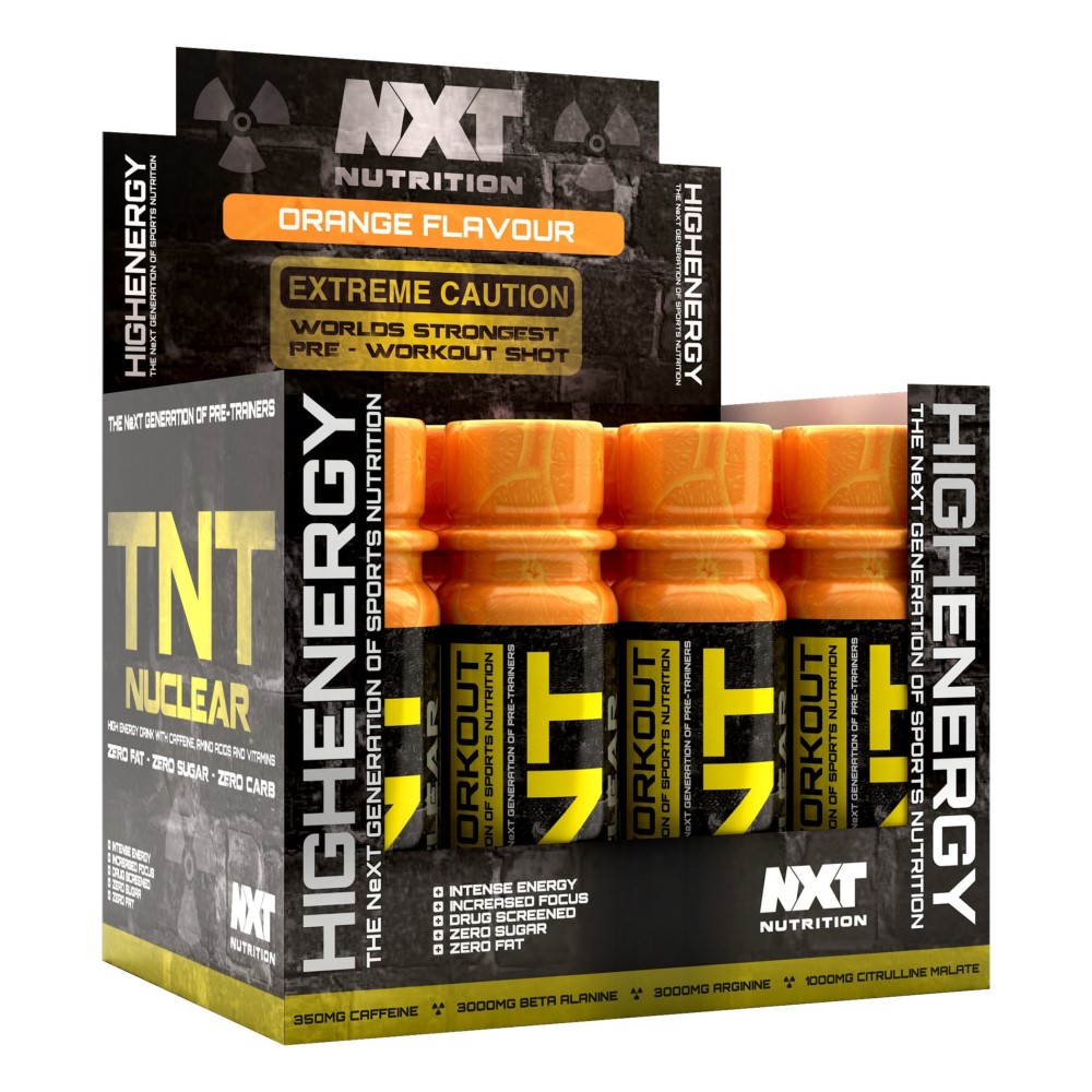 NXT Nutrition TNT Nuclear Shot orange flavour pre-workout supplement, 60ml x12 pack, high energy sports nutrition with caffeine, beta alanine, arginine, and citrulline malate.