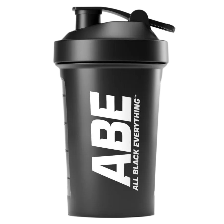 Applied Nutrition ABE Shaker 400ml black protein shaker cup with bold white ABE logo and All Black Everything text, suitable for mixing supplements.