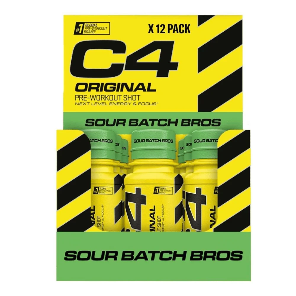 Cellucor C4 Pre Workout Shot 60ml x12 Sour Batch Bros pack features ready-to-drink pre-workout shots in a bright yellow and green design, offering energy and focus support.