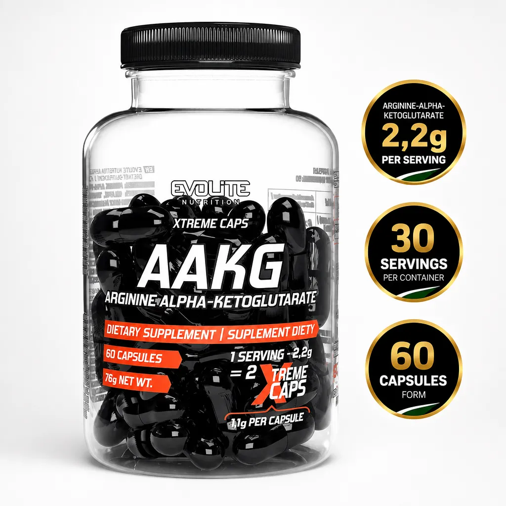 Evolite AAKG Xtreme 60 Caps arginine alpha-ketoglutarate capsules in a clear supplement container with black capsules