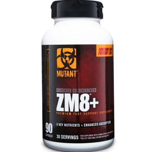 Mutant ZM8+ 90 capsules premium test support supplement with 8 key nutrients and enhanced absorption, in a black and red bottle.