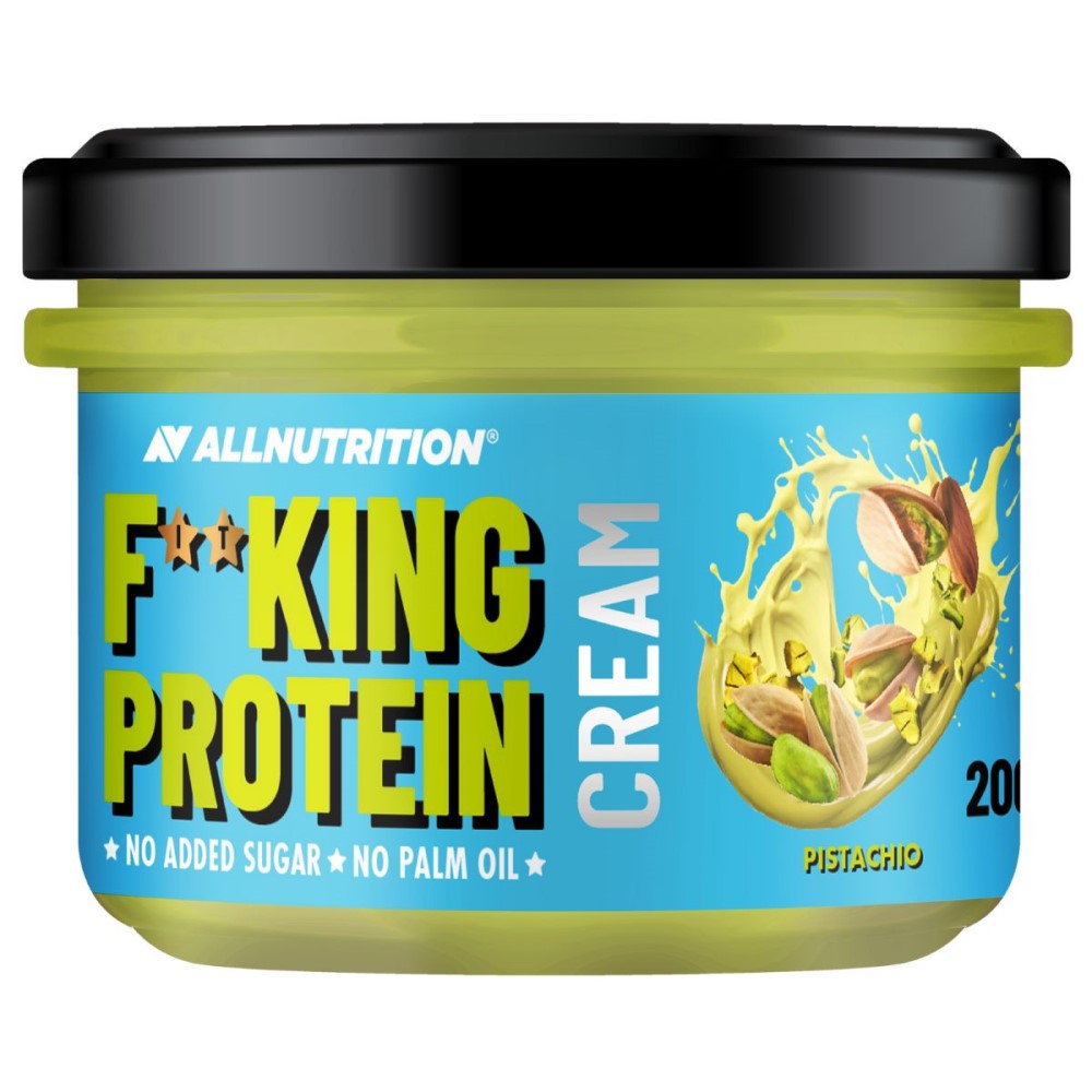 Allnutrition Fitking Protein Cream 200g pistachio-flavour high-protein spread with no added sugar and no palm oil, in a green and blue tub.