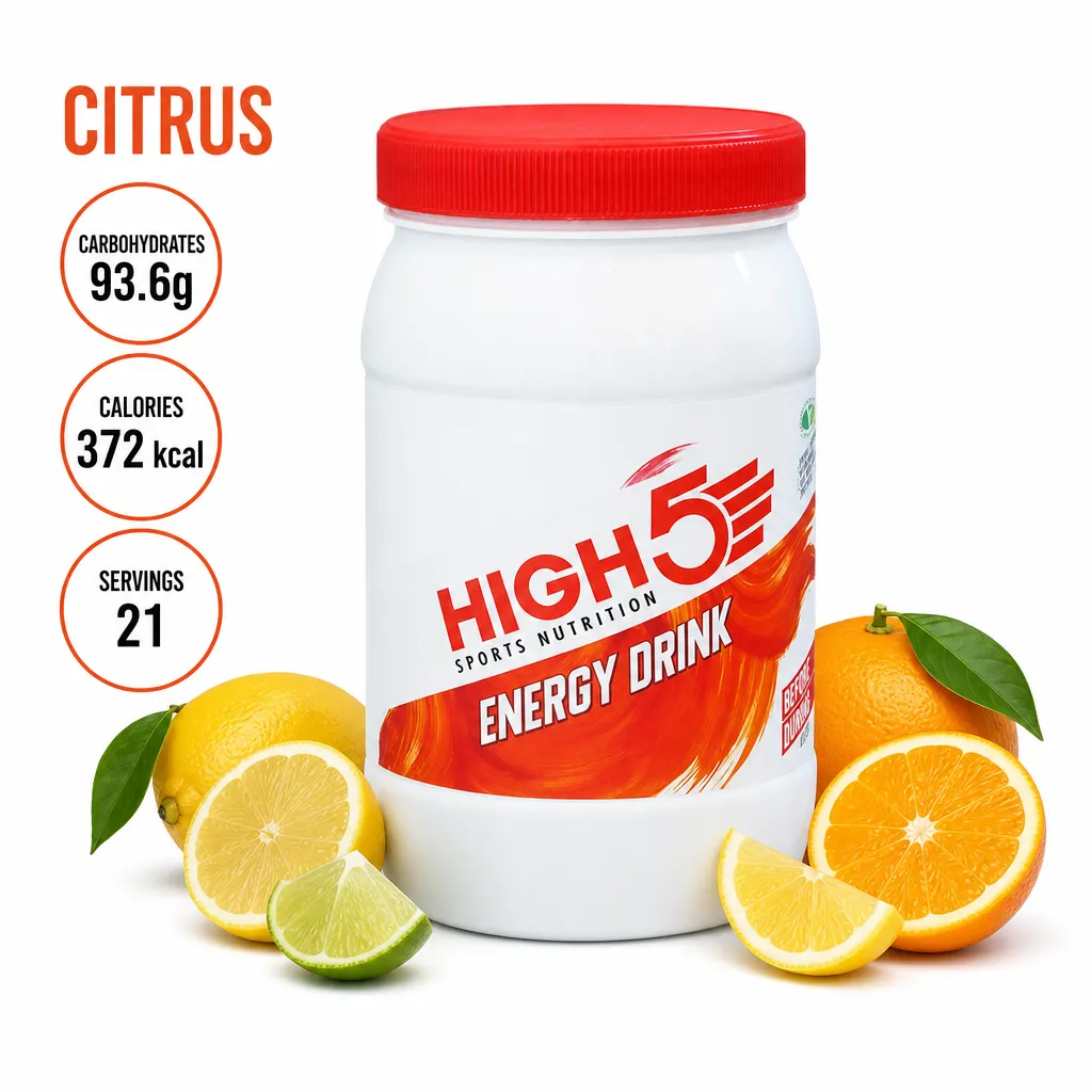 High5 Sports Nutrition Energy Drink 1000g citrus flavour, carbohydrate-electrolyte powder for endurance, shown with lemon, lime, and orange slices.