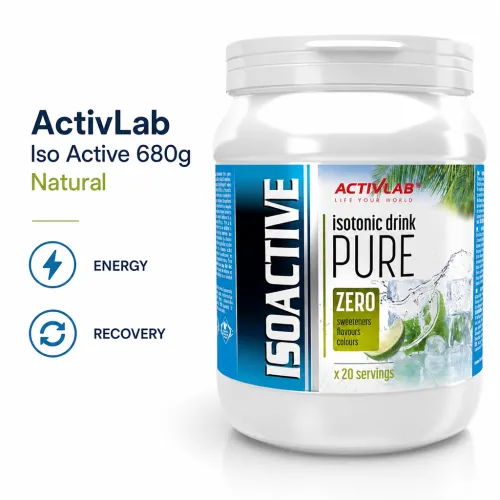 ActivLab Iso Active 680g Natural isotonic drink powder for hydration and recovery, featuring a pure formula with no artificial sweeteners, flavors, or colors, suitable for athletes.