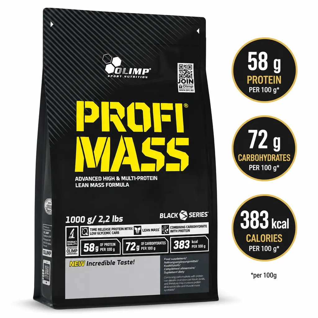 Olimp Profi Mass 1000g protein-carbohydrate powder in a black pouch with 58g protein and 72g carbohydrates per 100g