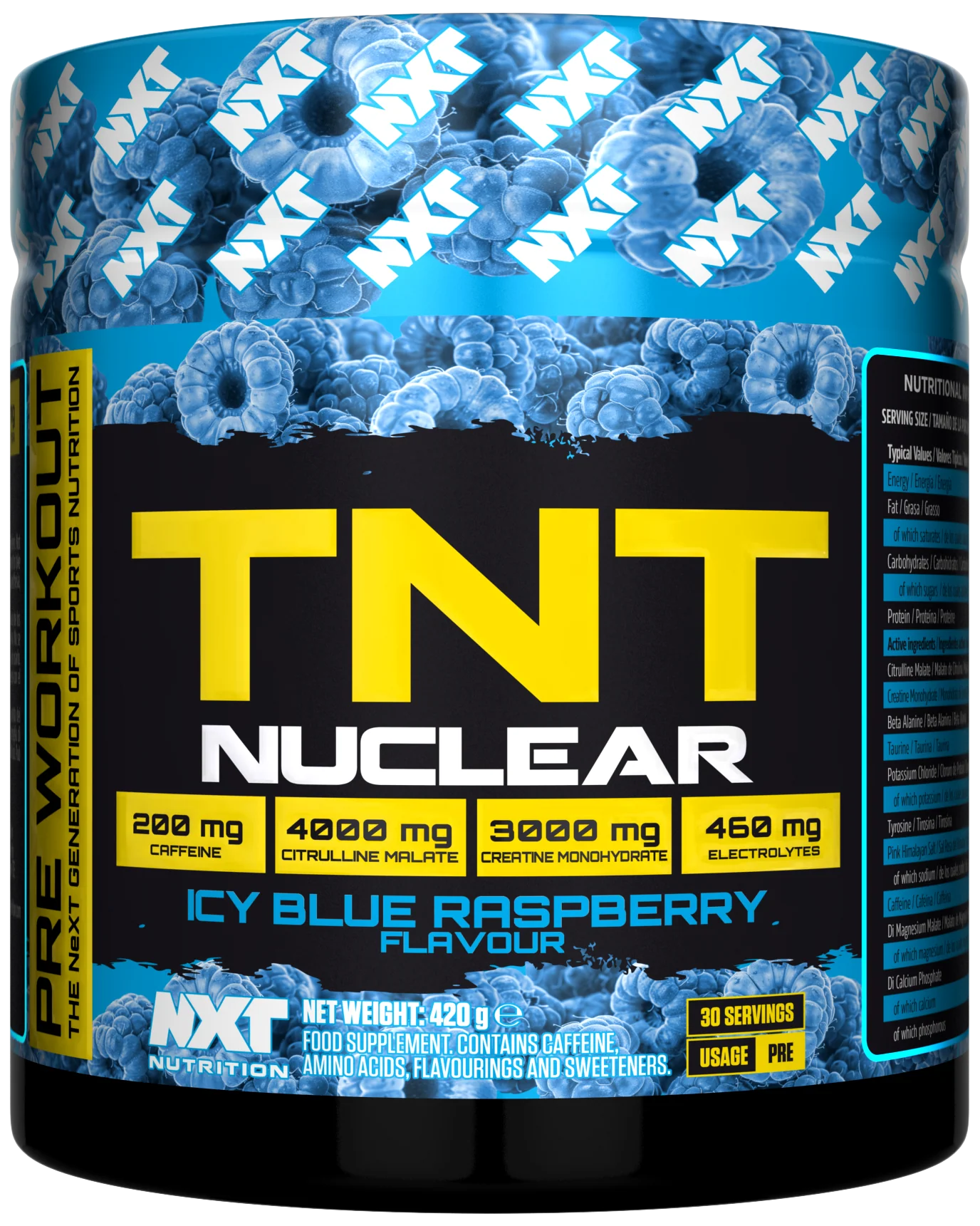 NXT Nutrition TNT Nuclear 420g powder being scooped with a measuring scoop, ready for mixing.