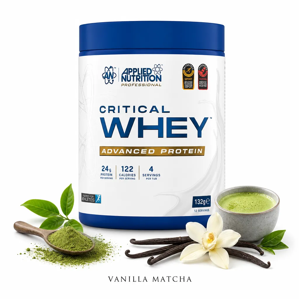 Applied Nutrition Critical Whey 12 Servings Vanilla Matcha protein powder, featuring a blend of whey protein concentrate, isolate, and hydrolysed whey, shown with matcha powder, vanilla flower, and a cup of matcha.