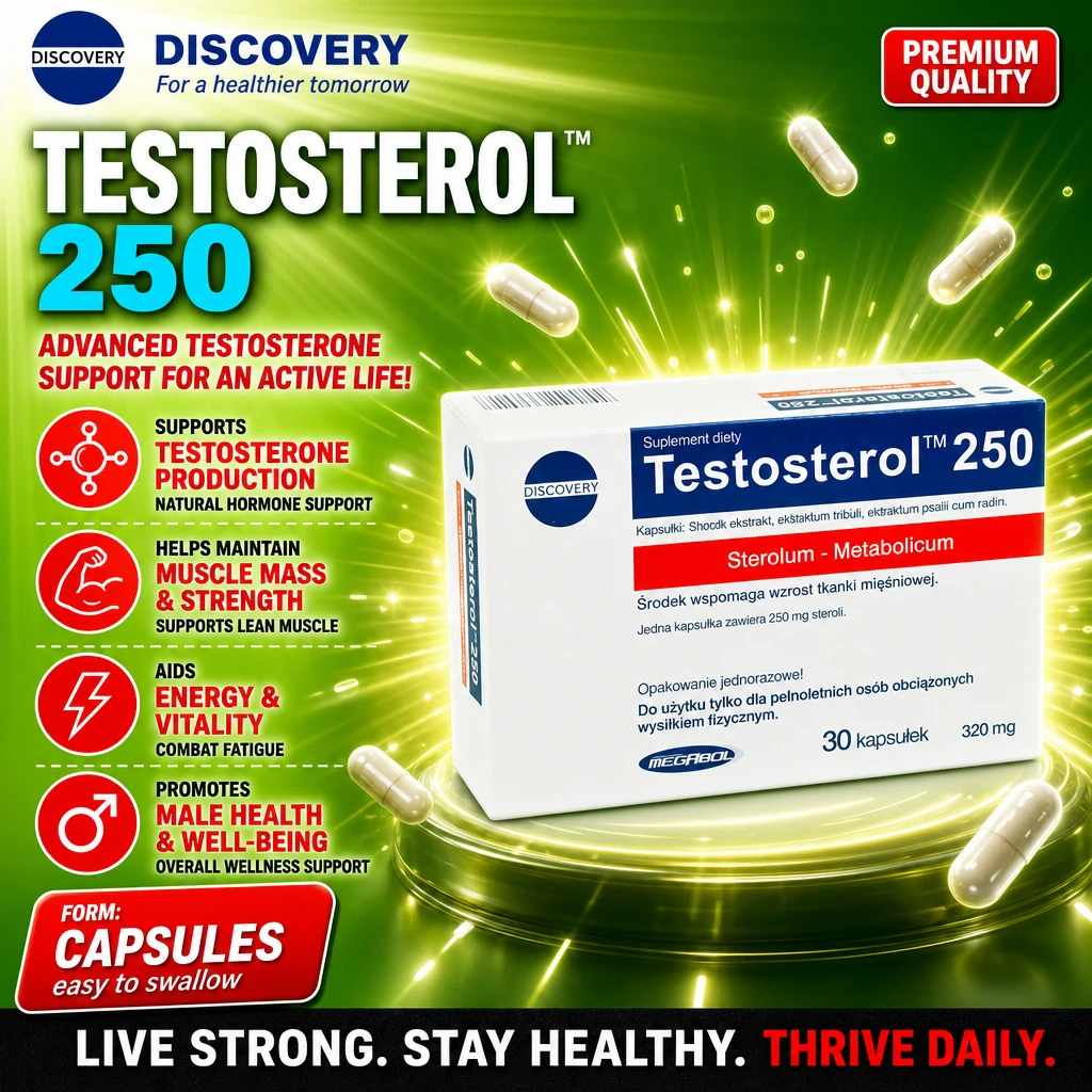 Megabol Testosterol 250 30 kapsułek testosterone support supplement, capsule form, for muscle mass, strength, and vitality, in a white and blue box.