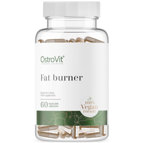OstroVit Fat Burner 60 Vege Caps vegan-friendly dietary supplement in capsule form, transparent bottle with green and white label.