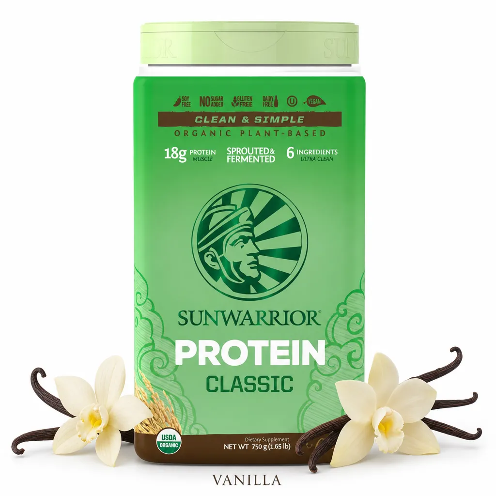 Sunwarrior Protein Classic Organic 750g Vanilla is a plant-based, vegan protein powder made from organic brown rice, featuring 18g protein per serving and allergen-free ingredients.