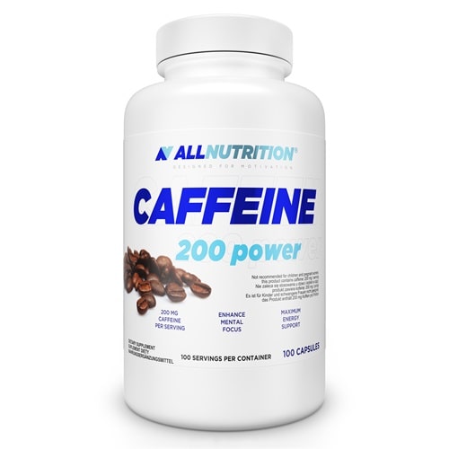 Allnutrition Caffeine 200 Power 100 capsules, caffeine supplement for energy and mental focus, white bottle with blue text and coffee bean graphic.