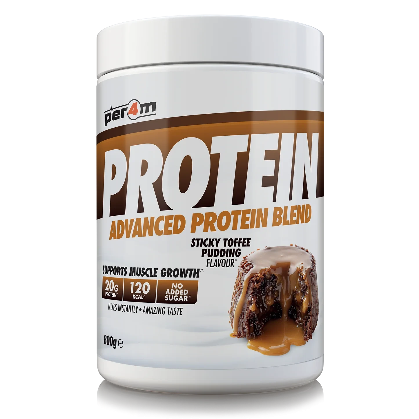 Per4m Advanced Protein Blend protein powder, 800 g tub in Sticky Toffee Pudding flavour with a white and brown label.