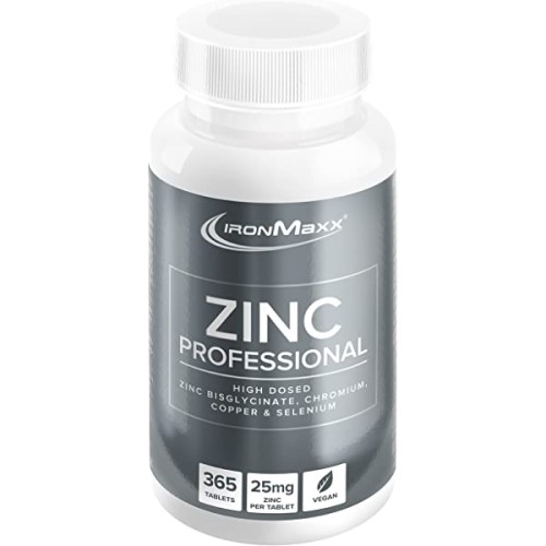 IronMaxx Zinc Professional 365 tablets high-dosed zinc bisglycinate supplement with chromium, copper, selenium, and vegan formula in a white and grey bottle.