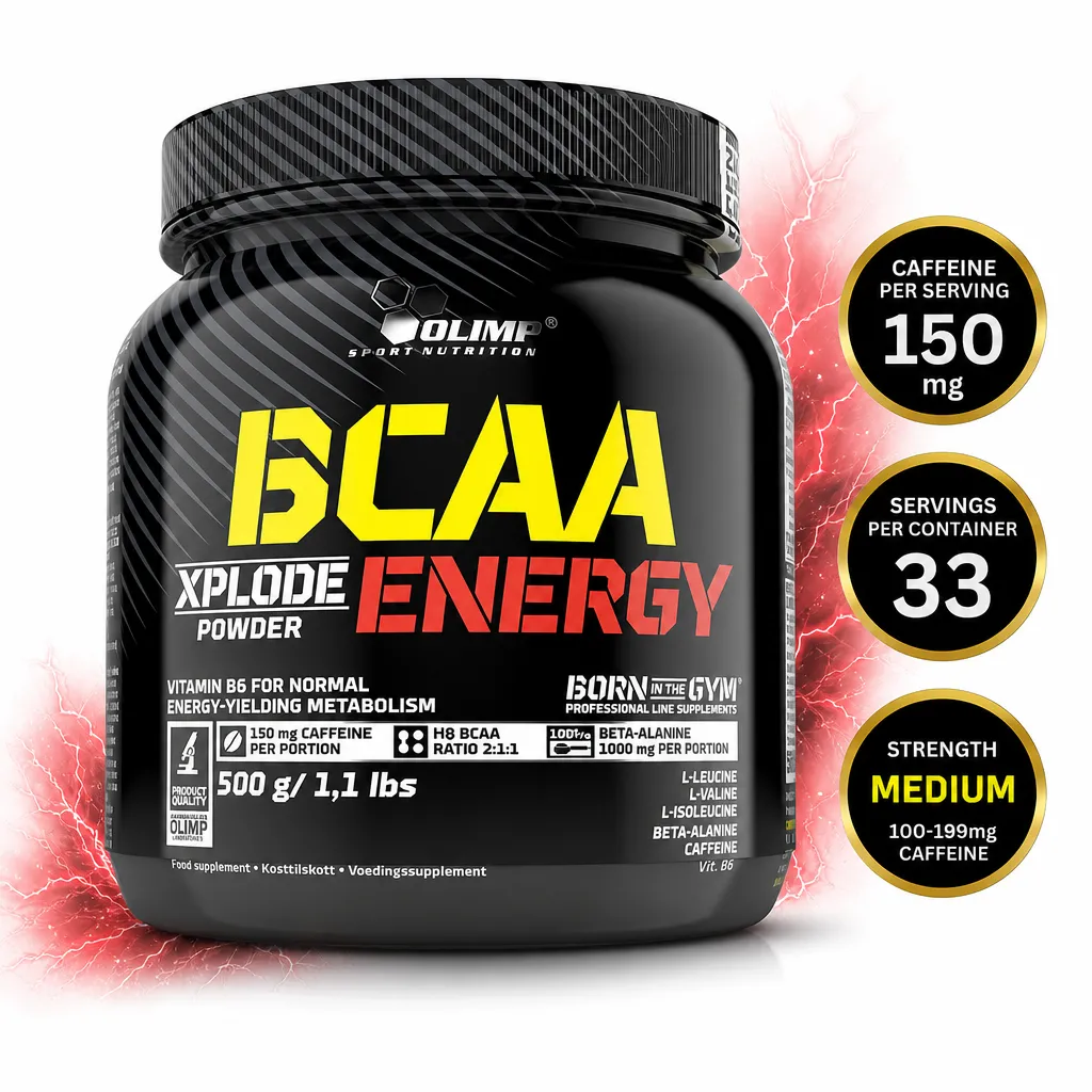Olimp BCAA Xplode Energy 500g is a black tub of BCAA energy powder with 150 mg caffeine per serving and beta-alanine.