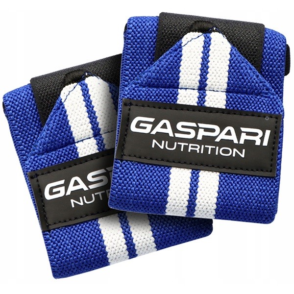 Gaspari Nutrition Wrist Wraps blue pair with white stripes, supportive fitness accessories for wrist protection during weightlifting and strength training.