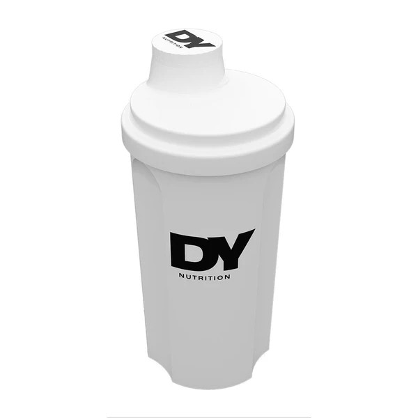 DY Nutrition Shaker 500ml white protein shaker cup with black DY logo, suitable for mixing supplements and protein drinks.