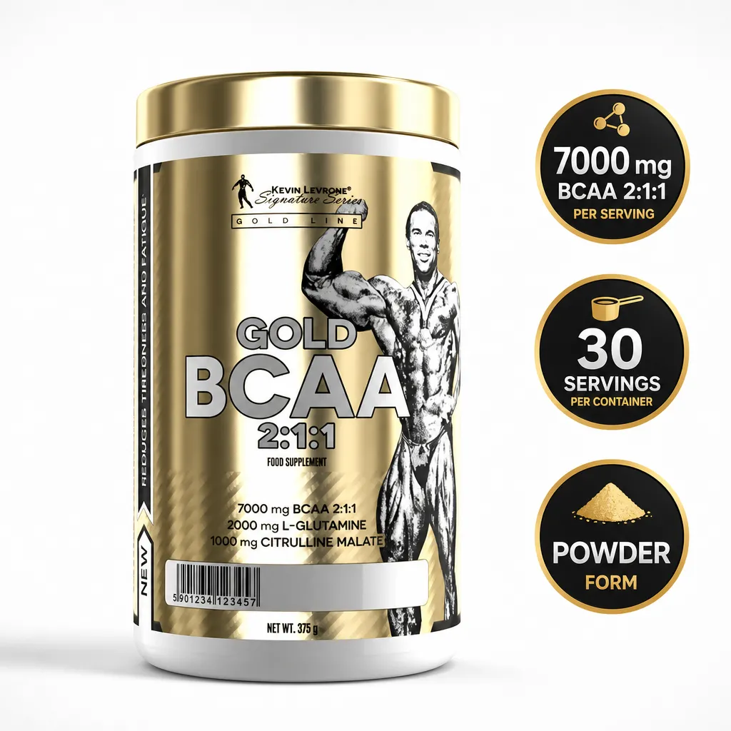 Kevin Levrone Signature Series Gold BCAA 2:1:1 is a 375g powdered amino acid supplement with 7000 mg BCAA per serving