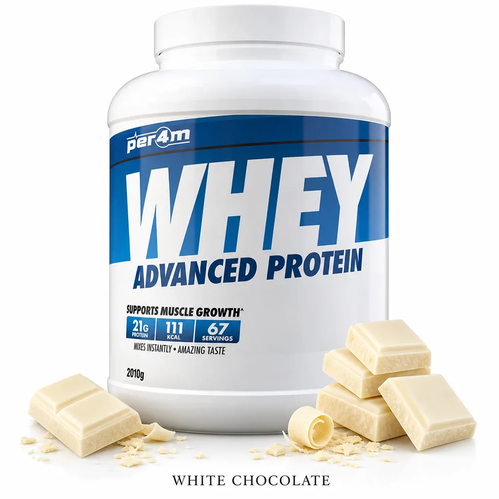 Per4m Whey Advanced Protein 2010g white chocolate flavour protein powder, featuring a high-protein blend for muscle growth and recovery, in a large white and blue tub.