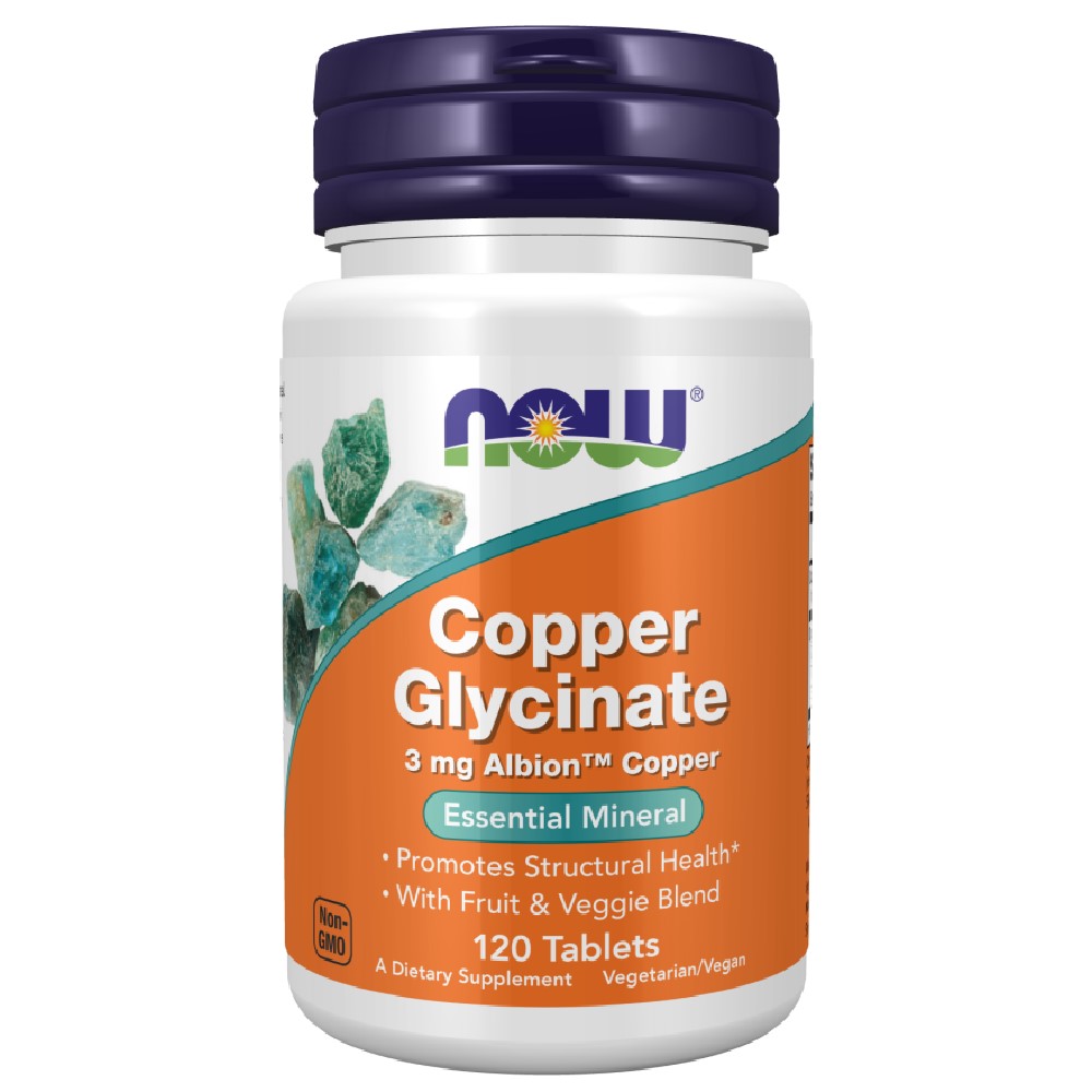 NOW Foods Copper Glycinate 120 Tabs bottle, white plastic container with blue and orange label, 120 tablets