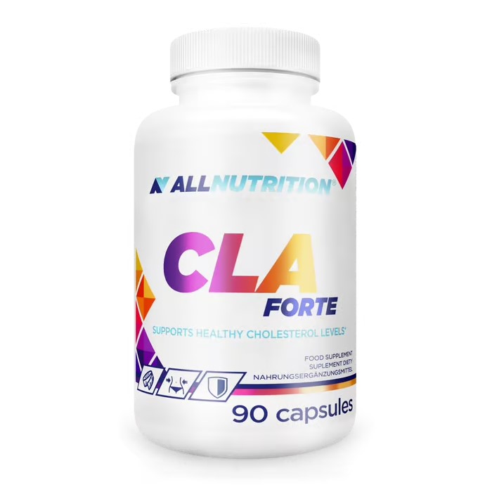 Allnutrition CLA Forte 90 capsules dietary supplement, designed to support healthy cholesterol levels, in a white bottle with colorful geometric accents.