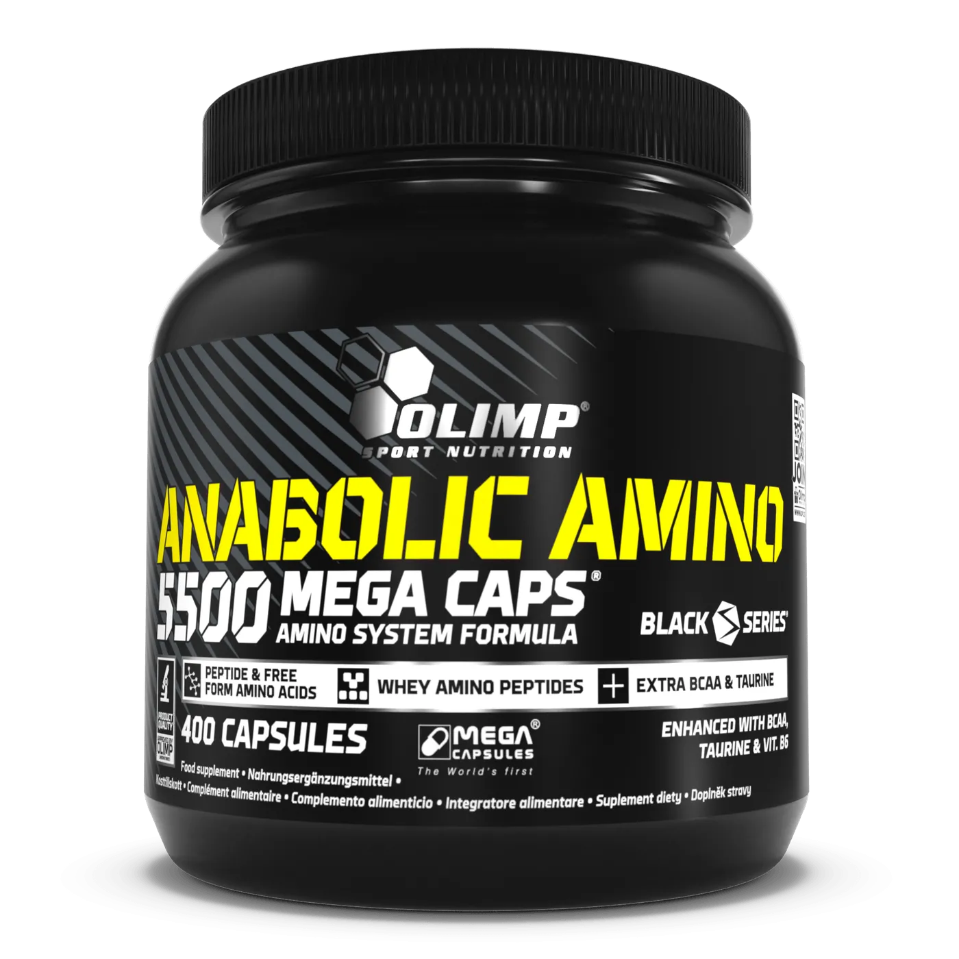 Olimp Nutrition Anabolic Amino 5500 Mega Caps, amino acid supplement with BCAAs, taurine, and whey peptides, 400 capsule black container.