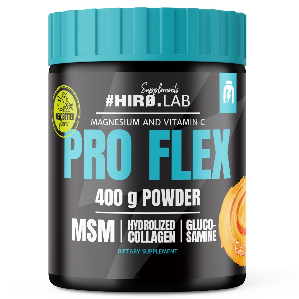 Hiro Lab Pro Flex 400g joint support supplement in a plastic container with product branding and label details.