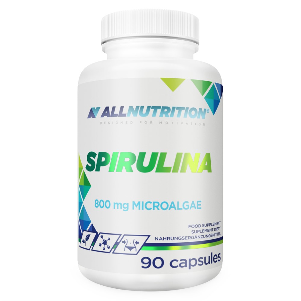 Allnutrition Spirulina 90 capsules dietary supplement with 800 mg microalgae per serving, in a white bottle with green and blue accents.