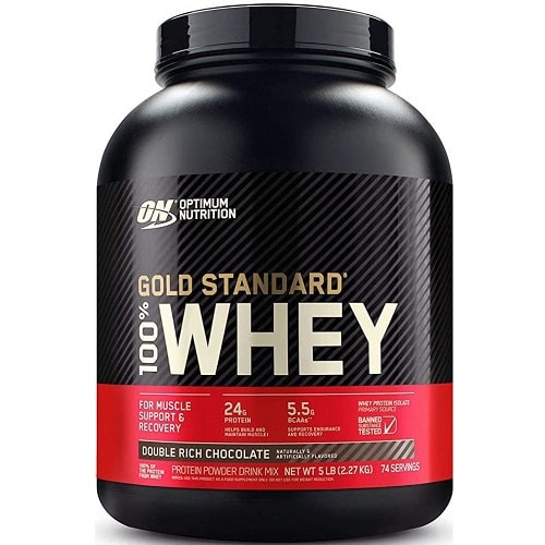 Optimum Nutrition Gold Standard 100% Whey protein powder, Double Rich Chocolate flavour, 2.27kg tub, high protein supplement for muscle support and recovery.