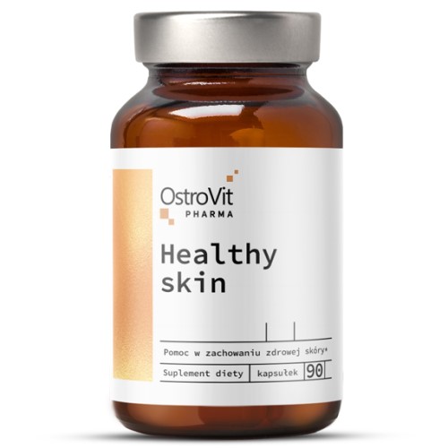 OstroVit Pharma Healthy Skin dietary supplement, 90 capsules, designed to support healthy skin, in a brown glass bottle with a white and gold label.