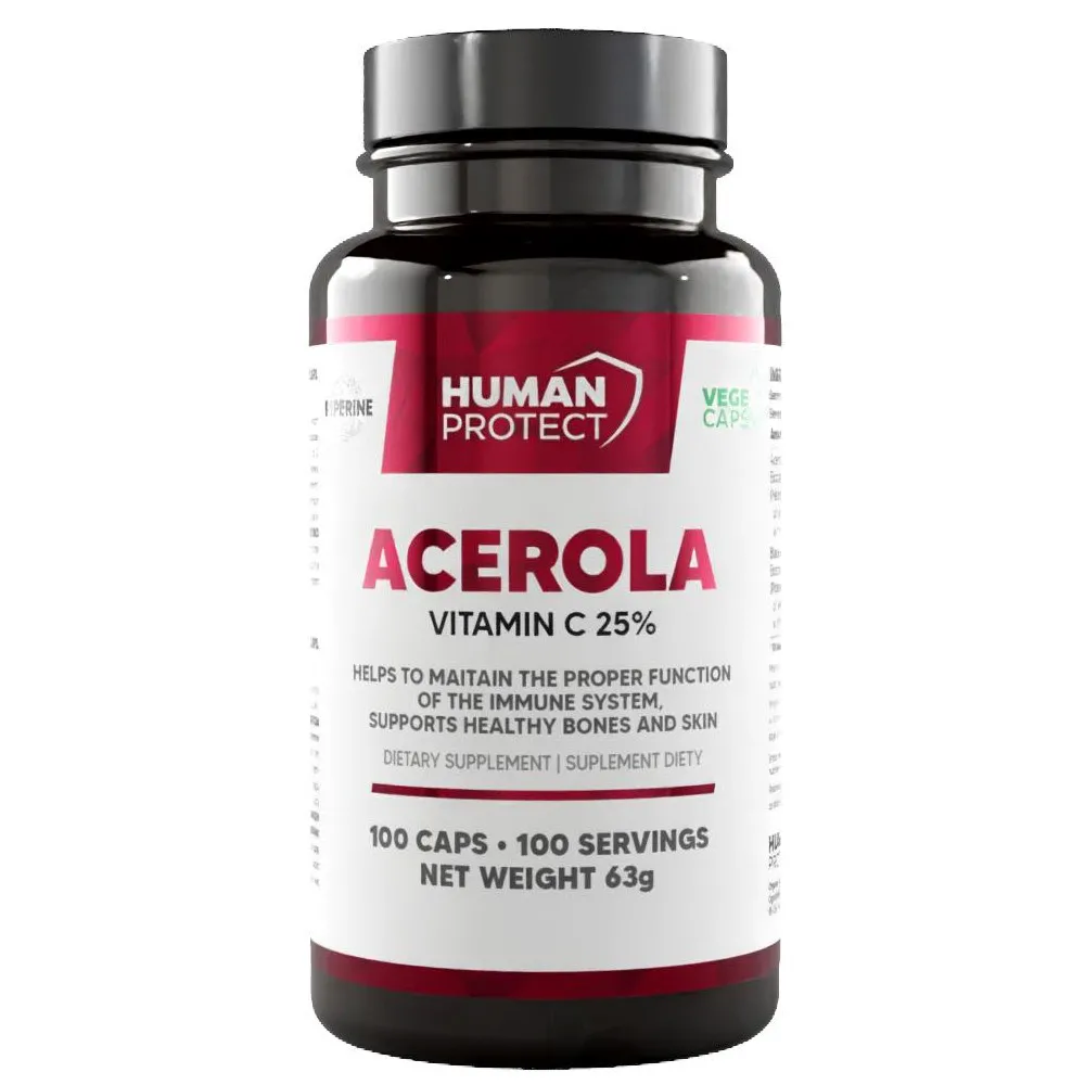 Human Protect Acerola vitamin C 25% dietary supplement in vegetable capsules, 100-capsule bottle with 100 servings