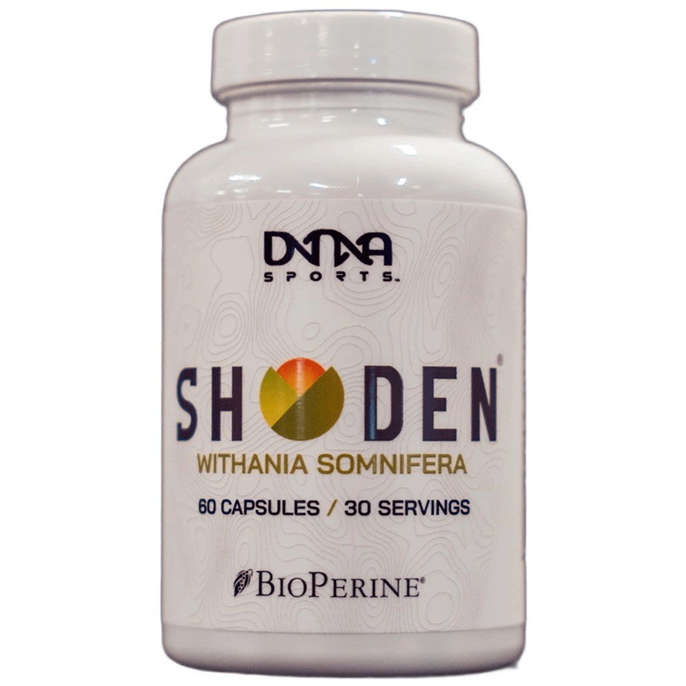 DNA Sports Shoden Withania Somnifera supplement with BioPerine, 60 capsules, white bottle, ashwagandha extract for wellness support.