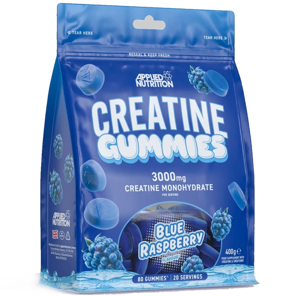 Applied Nutrition Creatine Gummies blue raspberry flavour, 80 gummies pack, 3000mg creatine monohydrate per serving, blue packaging.