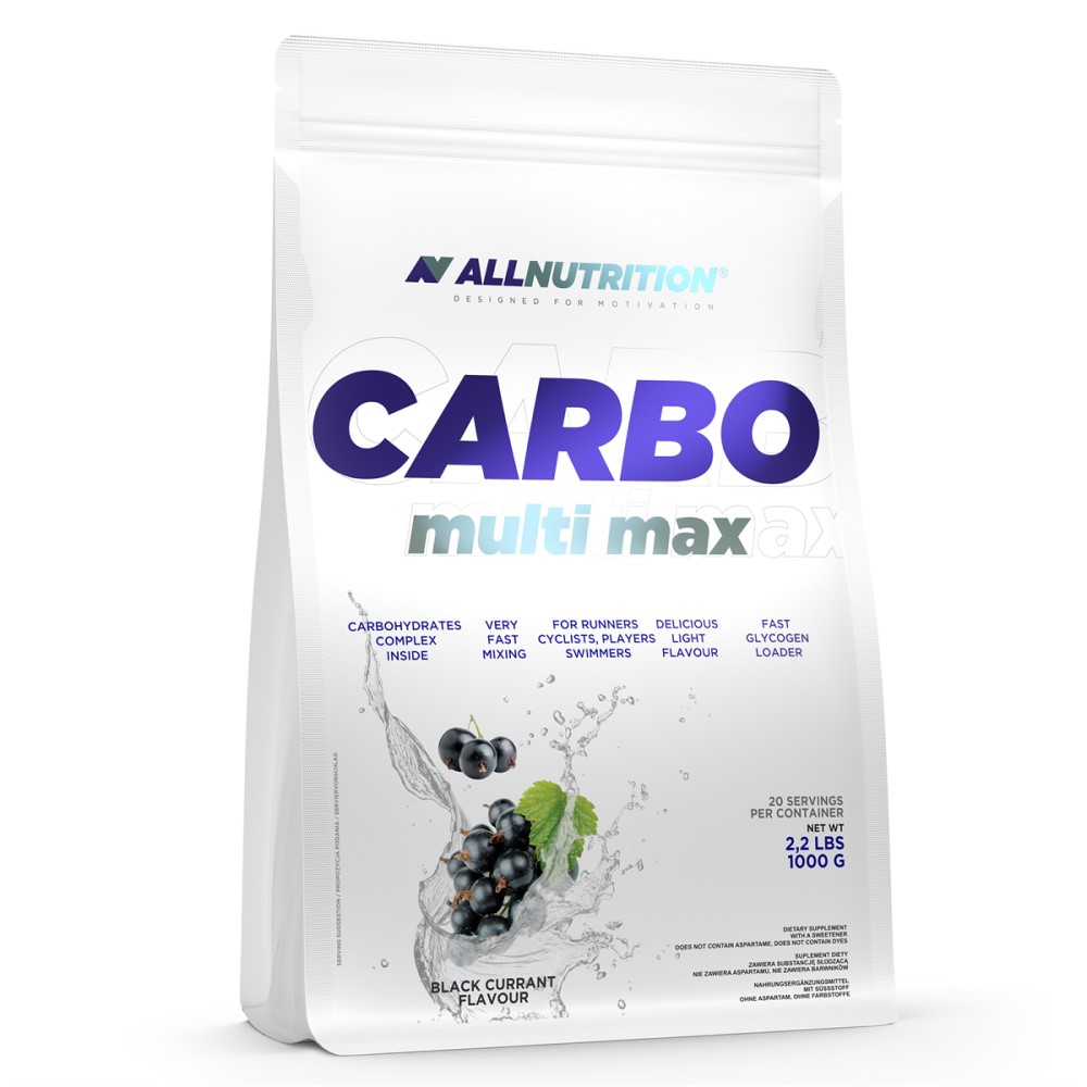 Allnutrition Carbo Multi Max 1000g black currant flavour carbohydrate powder supplement for athletes, shown in a white pouch with fruit graphics.