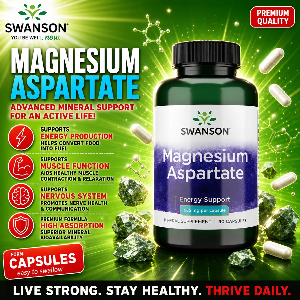 Swanson Magnesium Aspartate 685mg per capsule, 90 capsules, mineral supplement for energy support, muscle function, and nervous system health, in a green and white bottle.