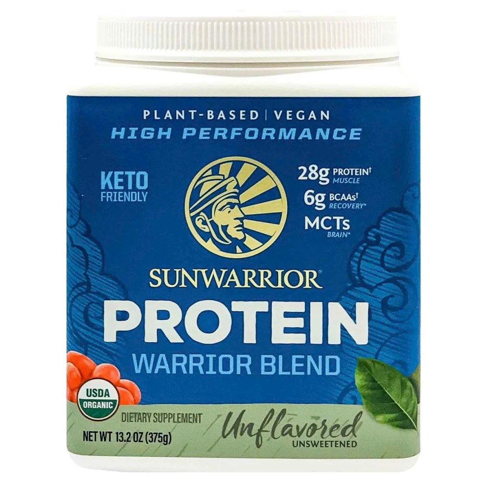 Sunwarrior Protein Warrior Blend Organic 375g unflavoured plant-based protein powder, vegan and keto-friendly, in a blue and white container.