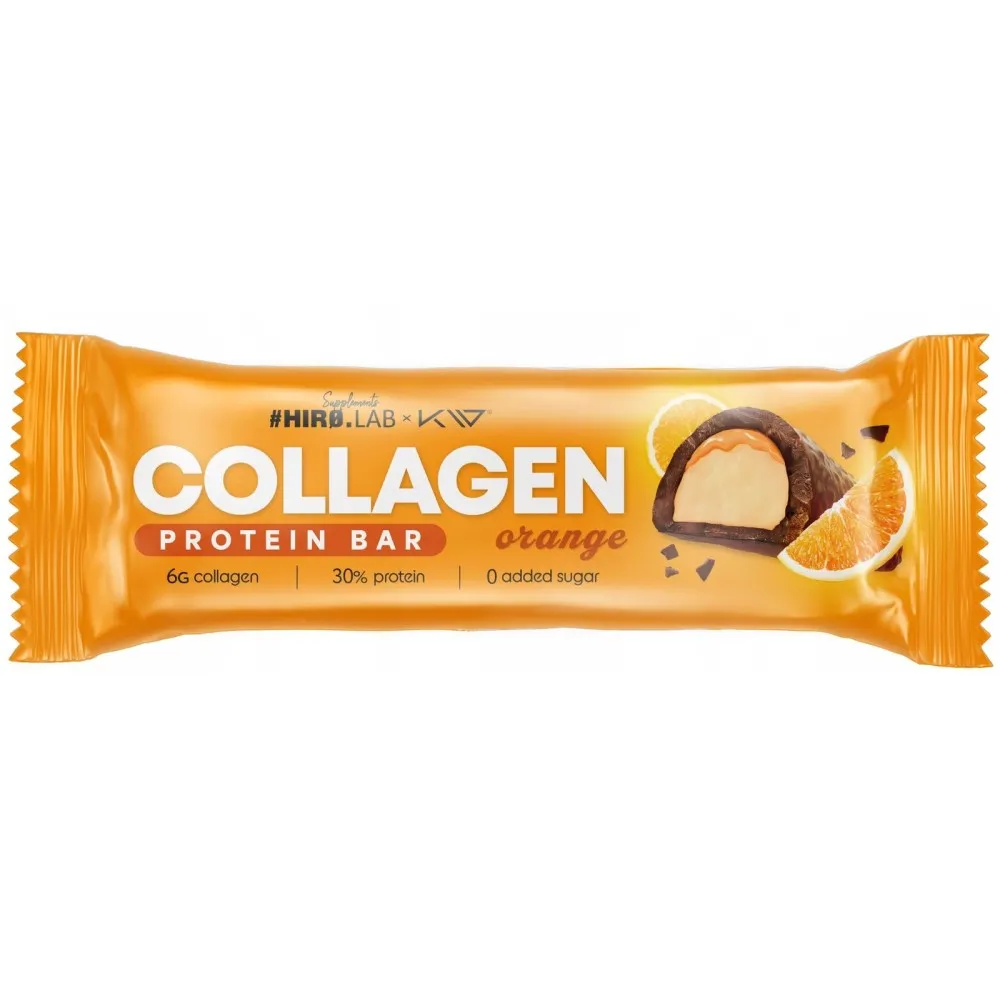 HIRO.LAB Collagen Protein Bar in orange flavour, an orange collagen and protein snack bar with 6g collagen
