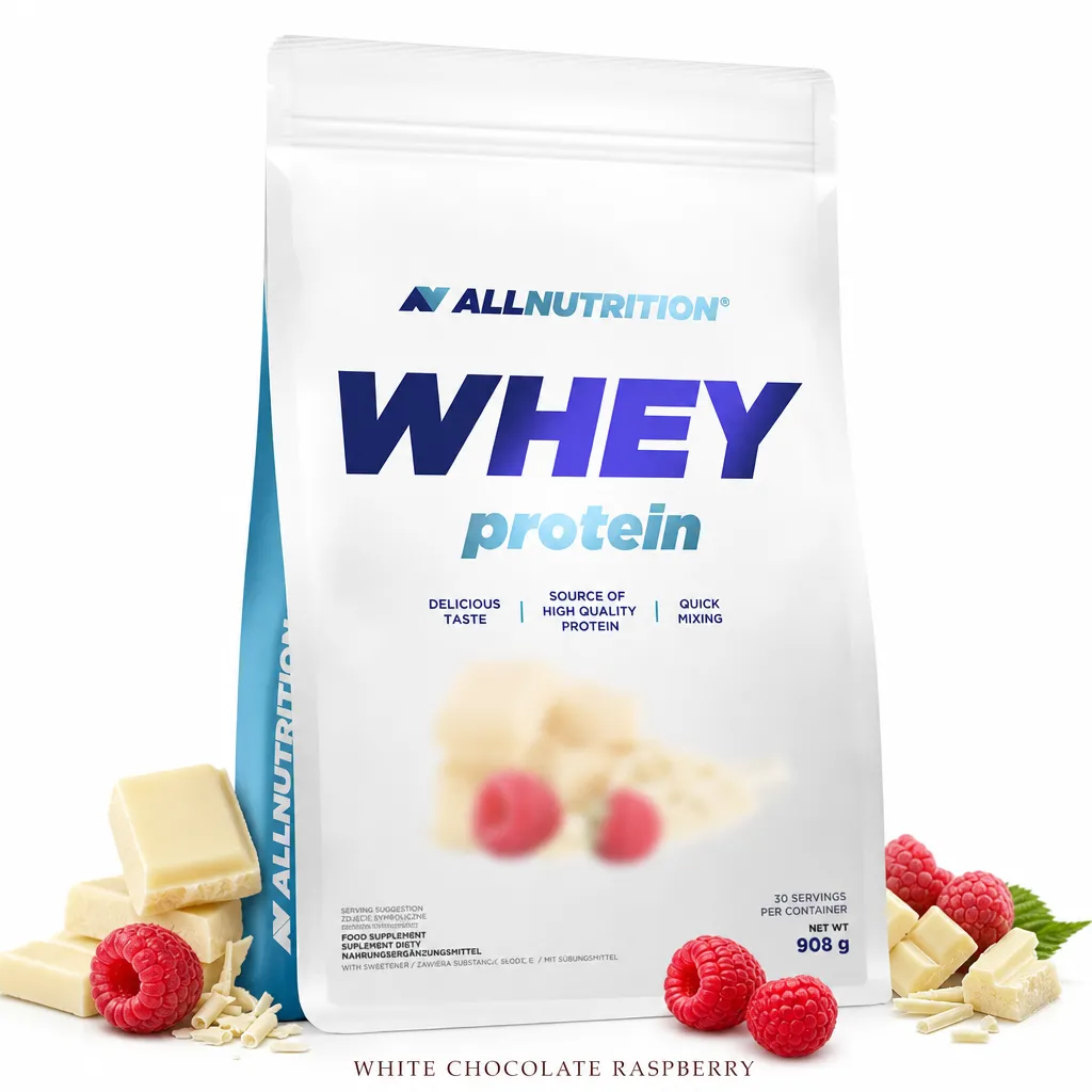 Allnutrition Whey Protein 908g white chocolate raspberry flavour protein powder, high in BCAAs and essential amino acids, in a resealable pouch with visible white chocolate pieces and raspberries.