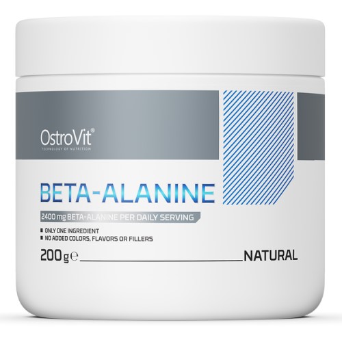 OstroVit Beta-Alanine 200g natural unflavoured amino acid supplement, white tub with blue and grey accents, 2400 mg per daily serving.