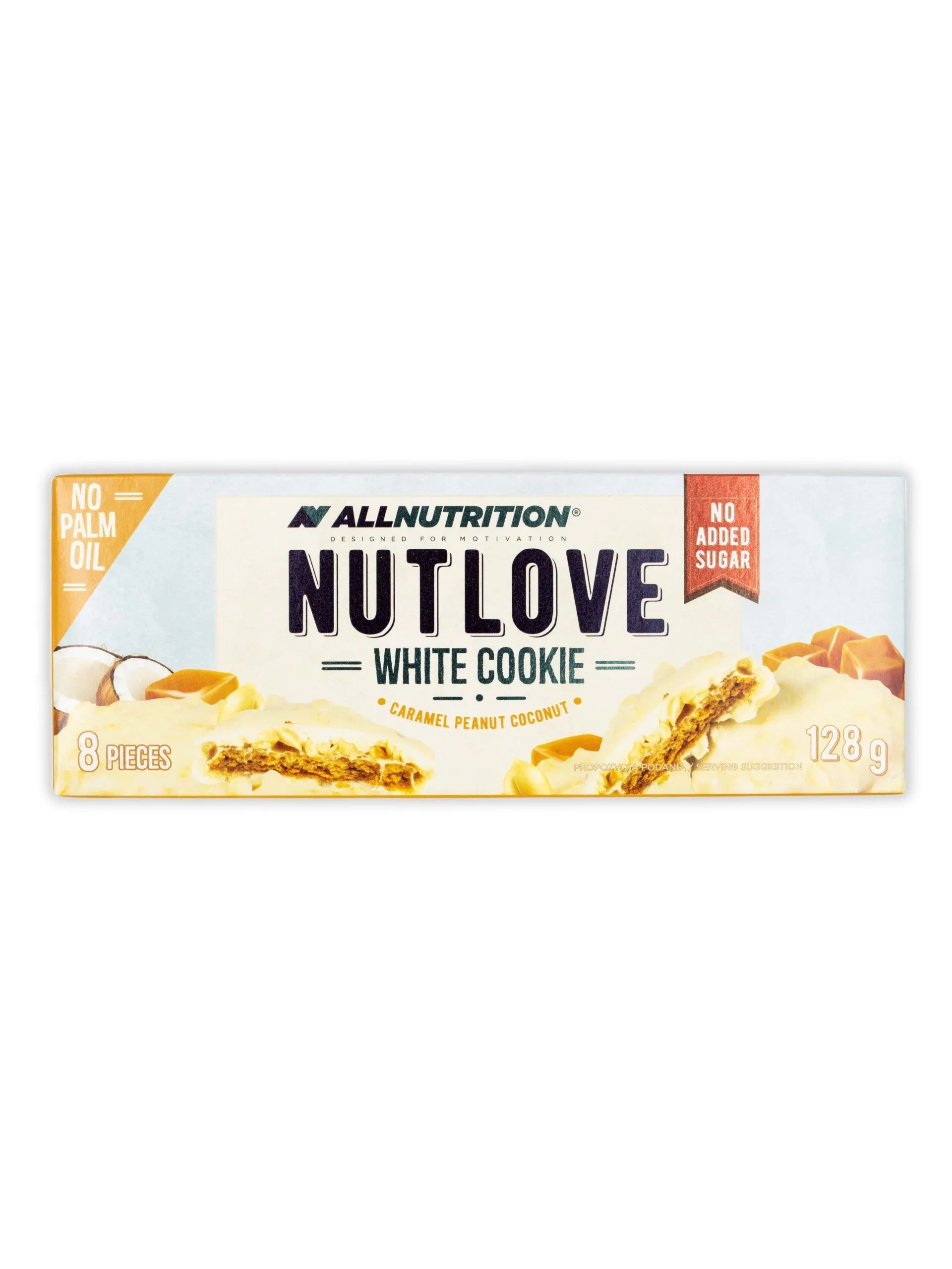 Allnutrition NUTLOVE White Cookie Caramel Peanut Coconut 128g features coconut-flavored cookies with caramel and peanuts, covered in a milk coating, no added sugar or palm oil.