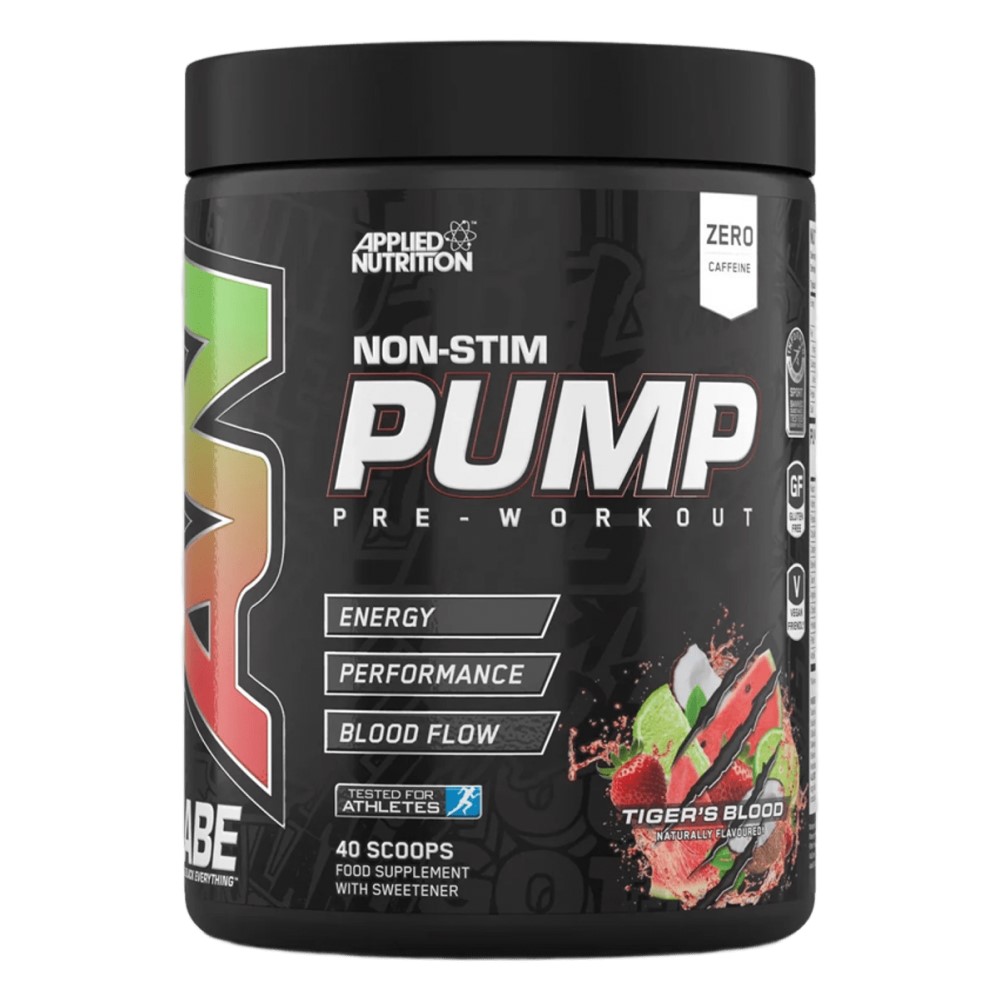 Applied Nutrition Pump Pre-Workout Tiger's Blood is a non-stimulant, zero caffeine supplement for energy, performance, and blood flow, with 40 scoops per container.
