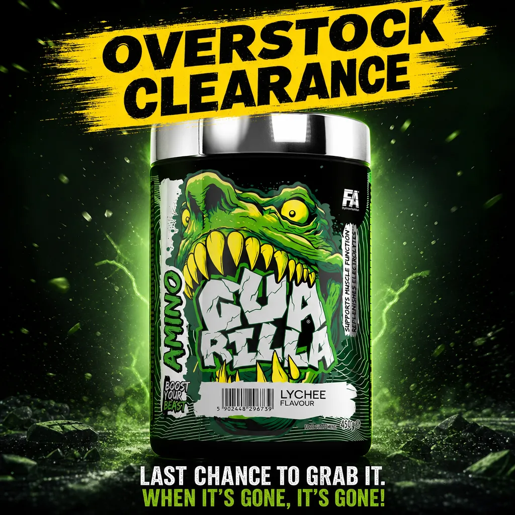 Guarilla Amino 450g lychee flavour amino acid supplement for muscle recovery and performance, featuring a bold green monster design on the container.