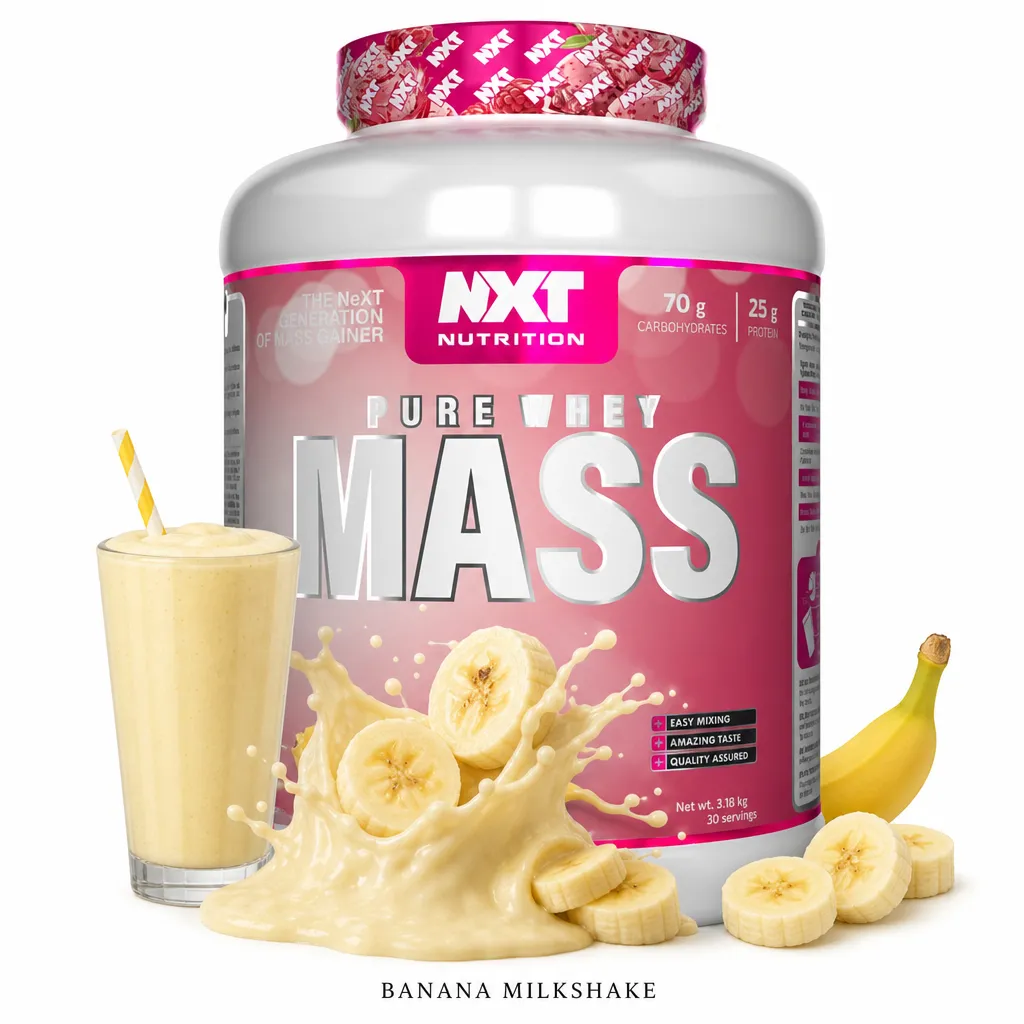 NXT Nutrition Pure Whey Mass 3200g Banana Milkshake is a high-calorie mass gainer supplement with whey protein and complex carbs, featuring a banana milkshake flavour.