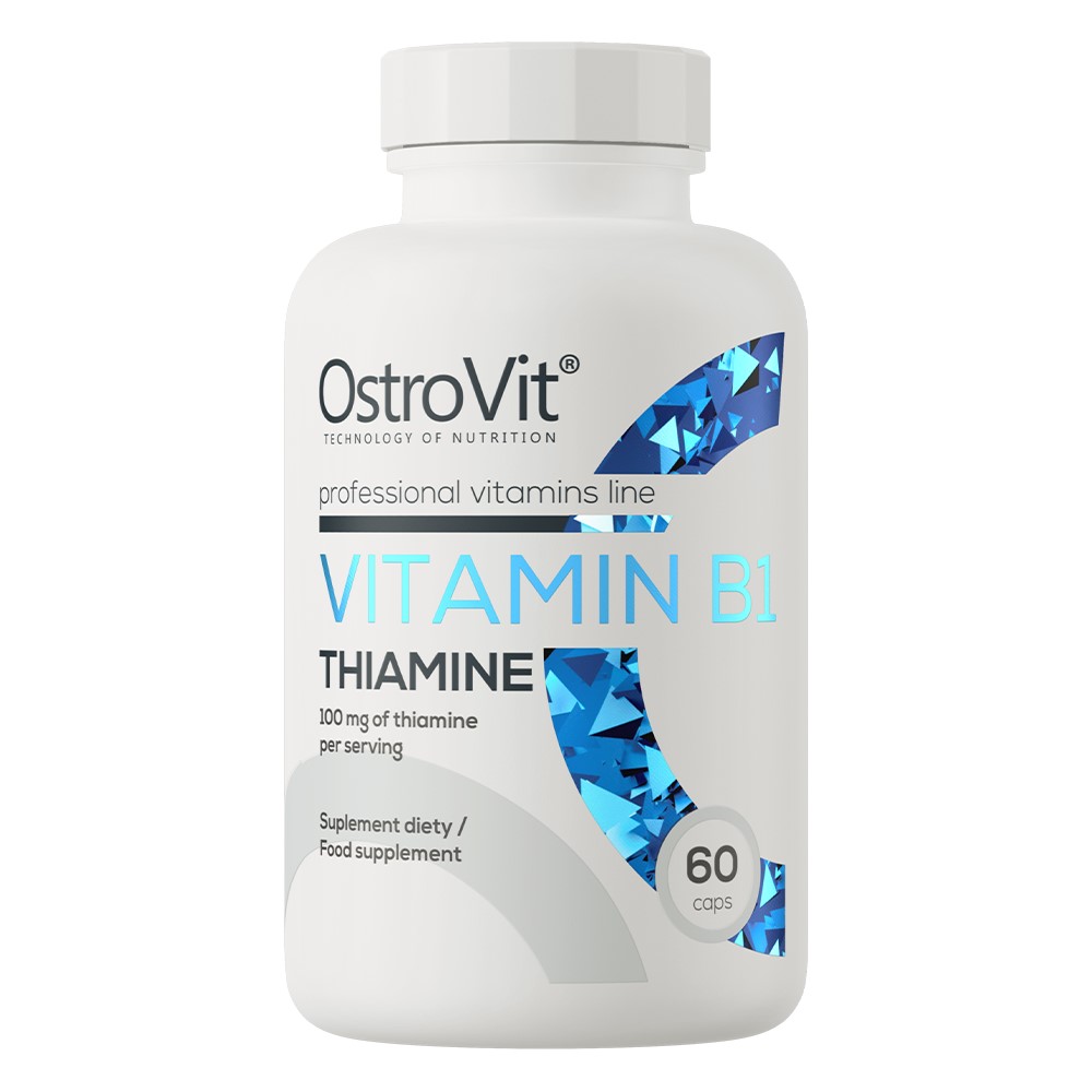 OstroVit Vitamin B1 Thiamine 60 caps dietary supplement, containing 100 mg of thiamine per serving, in a white bottle with blue geometric accents.
