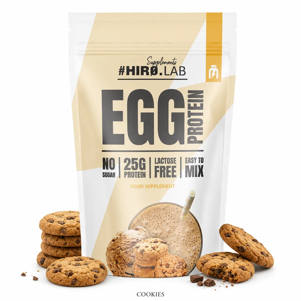Hiro Lab Egg Protein 750g cookies flavor protein powder, lactose-free, high-protein supplement with 25g protein per serving, ideal for shakes and baking.