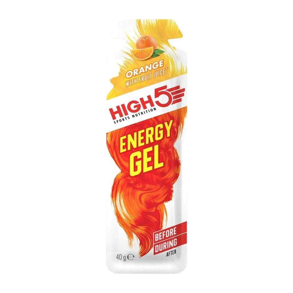 High5 Sports Nutrition Energy Gel Orange 40g sachet, a fast-acting carbohydrate gel with real fruit juice, suitable for vegans and athletes needing quick energy.