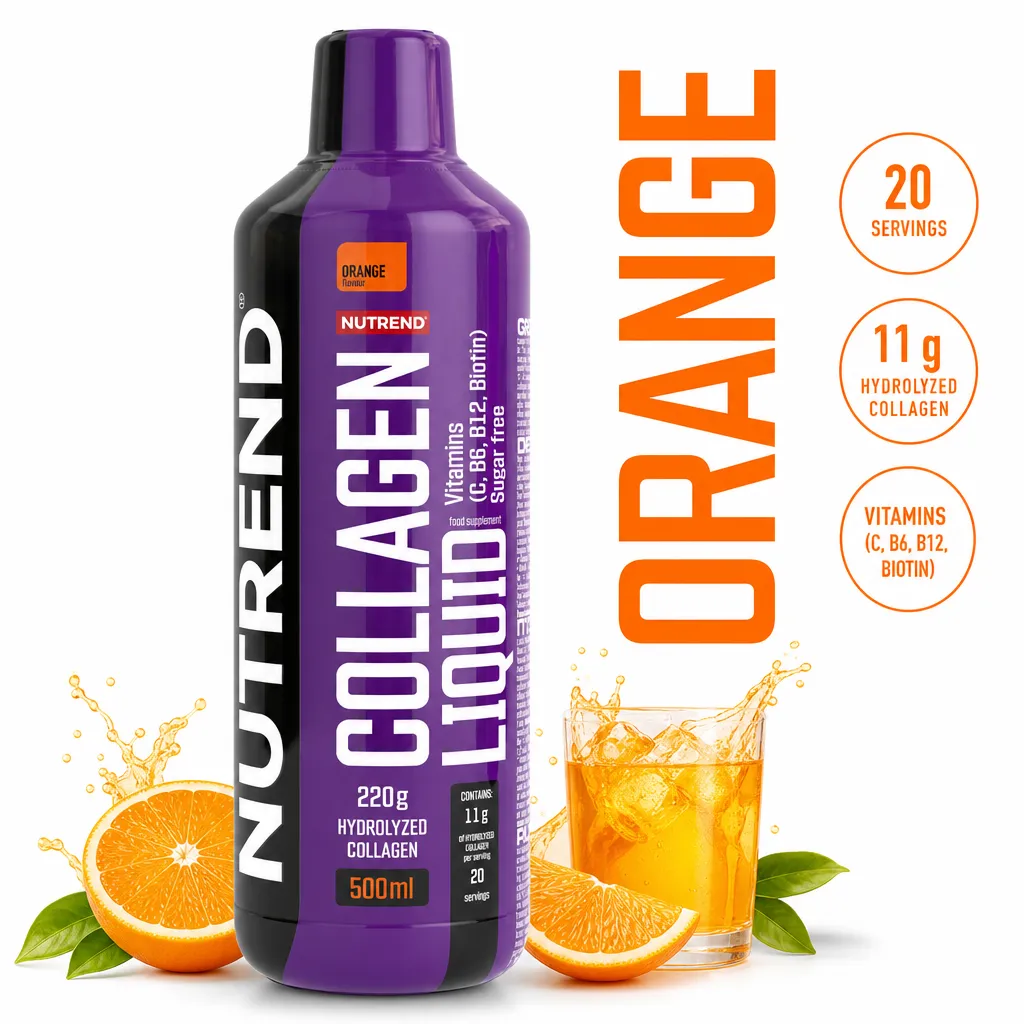 Nutrend Collagen Liquid 500ml orange-flavour hydrolysed collagen supplement in a purple liquid bottle with 20 servings