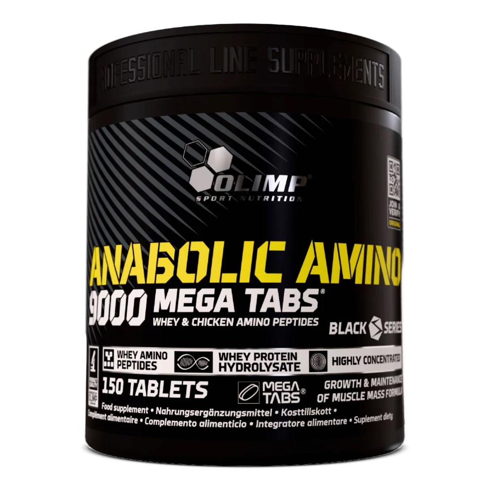 Olimp Anabolic Amino 9000 150 Tabs bottle, white container with blue and silver label, 150 tablets size